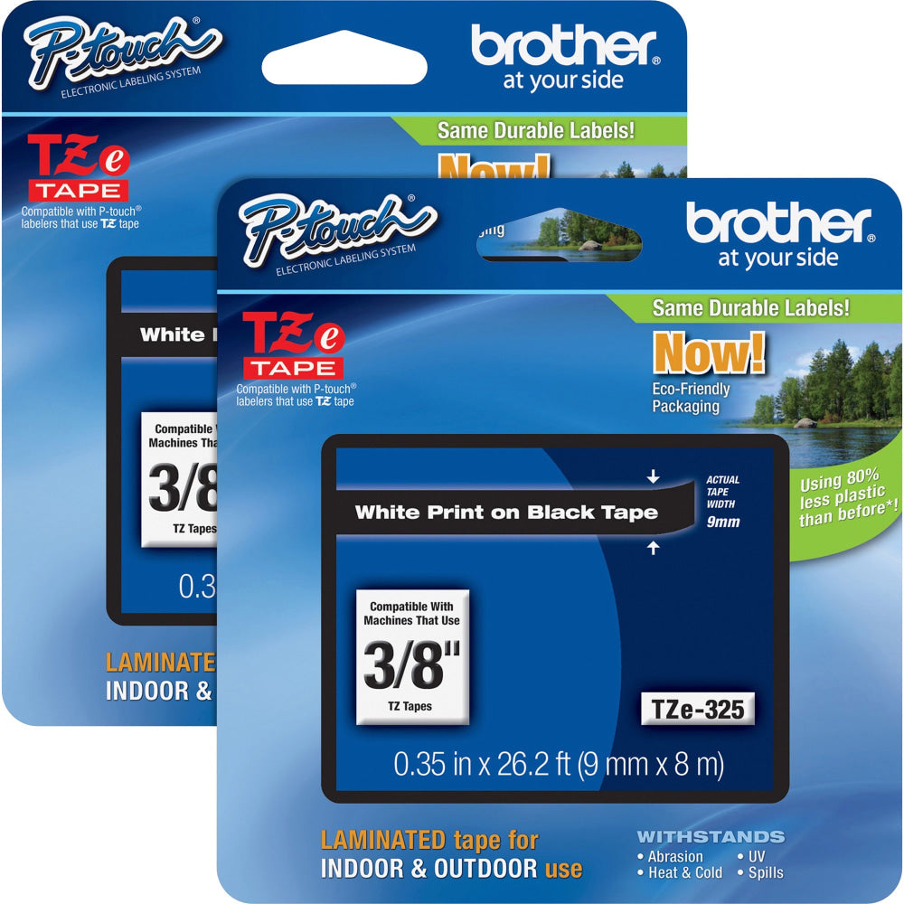 Brother P-touch TZe Laminated Tape Cartridges, 3/8inW, Rectangle, White, 2 Per Bundle