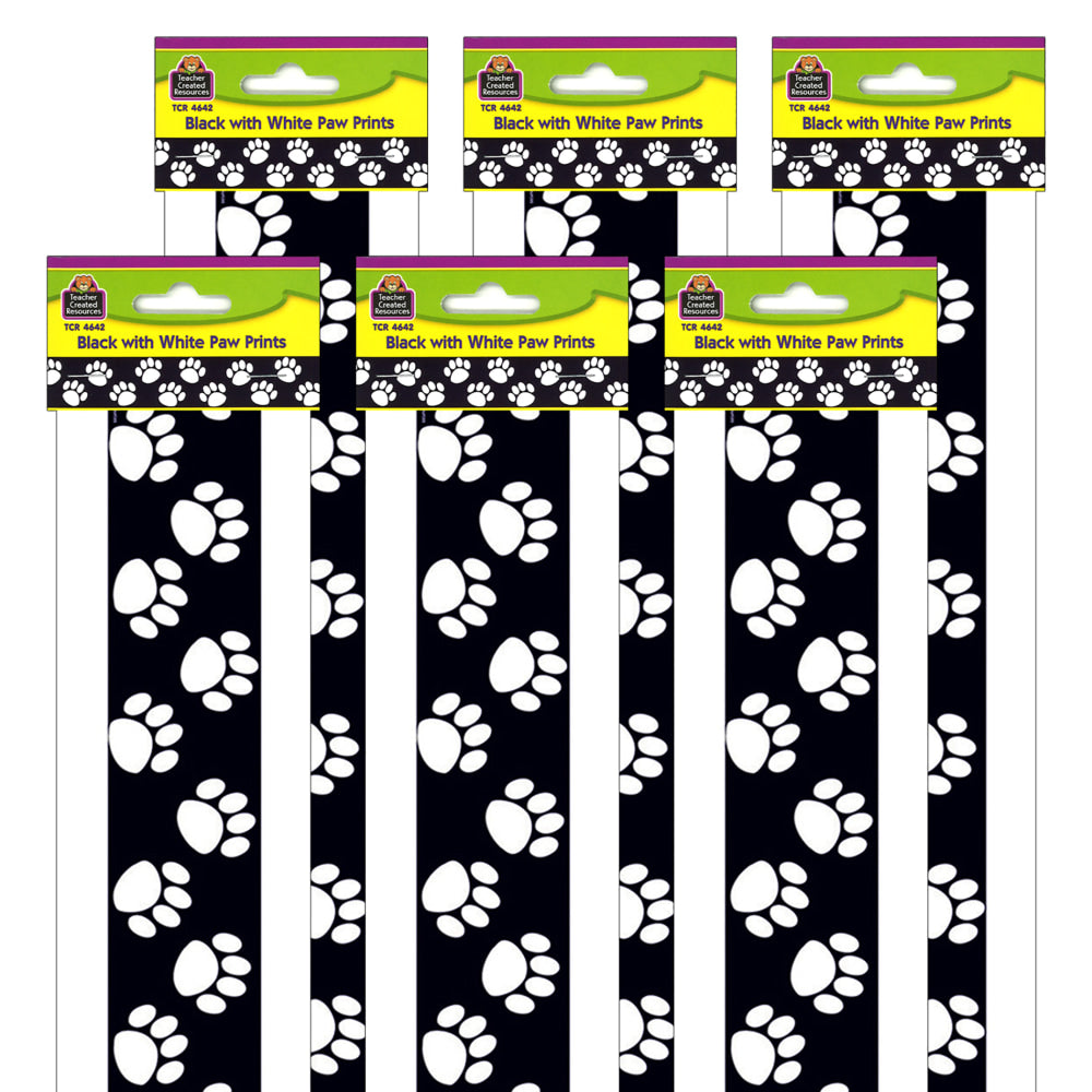 Teacher Created Resources Border Trim, Black/White Paw Prints, 35ft Per Pack, Set Of 6 Packs