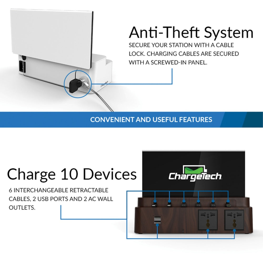 ChargeTech Power Strip Charging Station, 3in x 9-3/4in x 4-3/4in, Black, 5294835