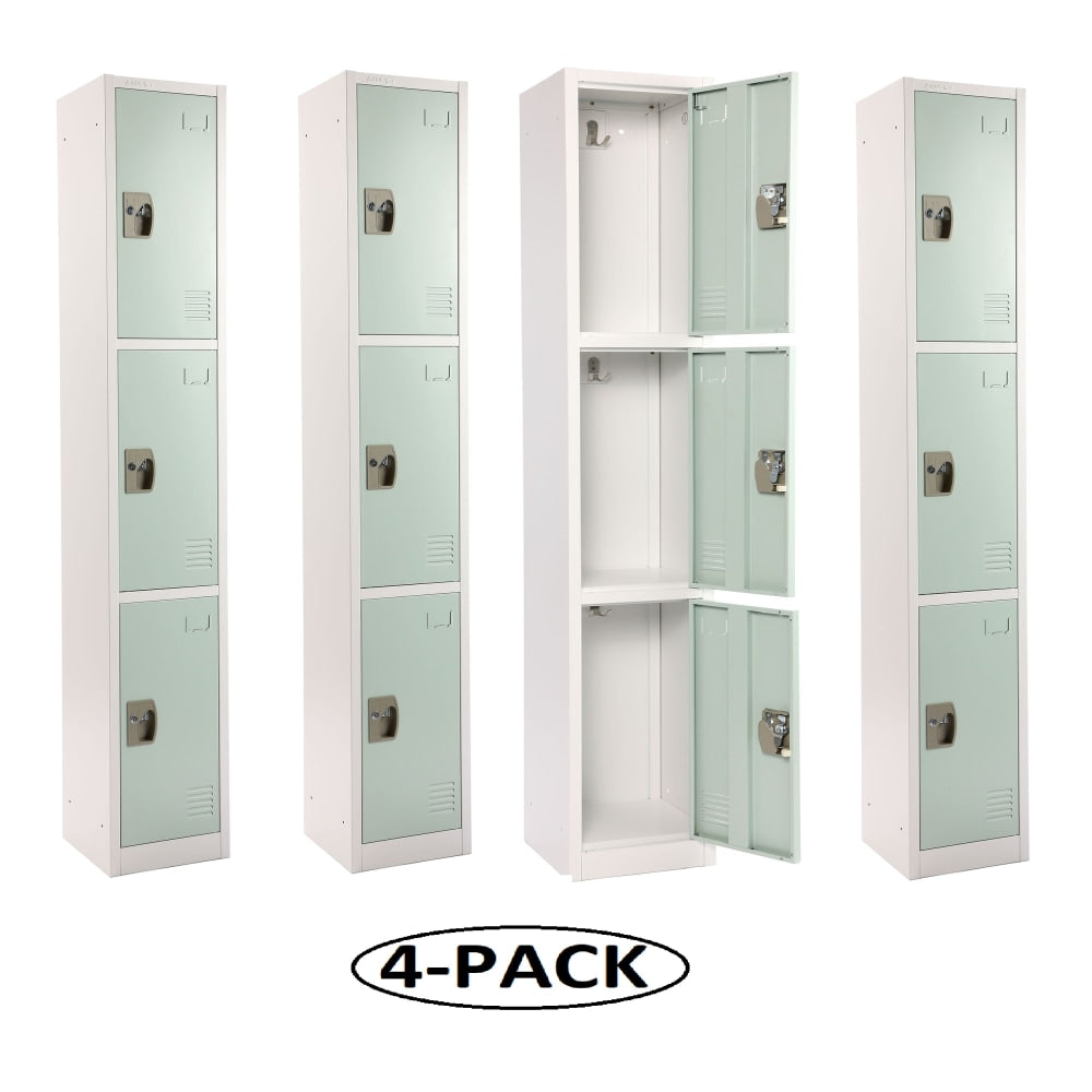 Alpine Large 3-Tier Steel Lockers, 72inH x 12inW x 12inD, Misty Green, Pack Of 4 Lockers