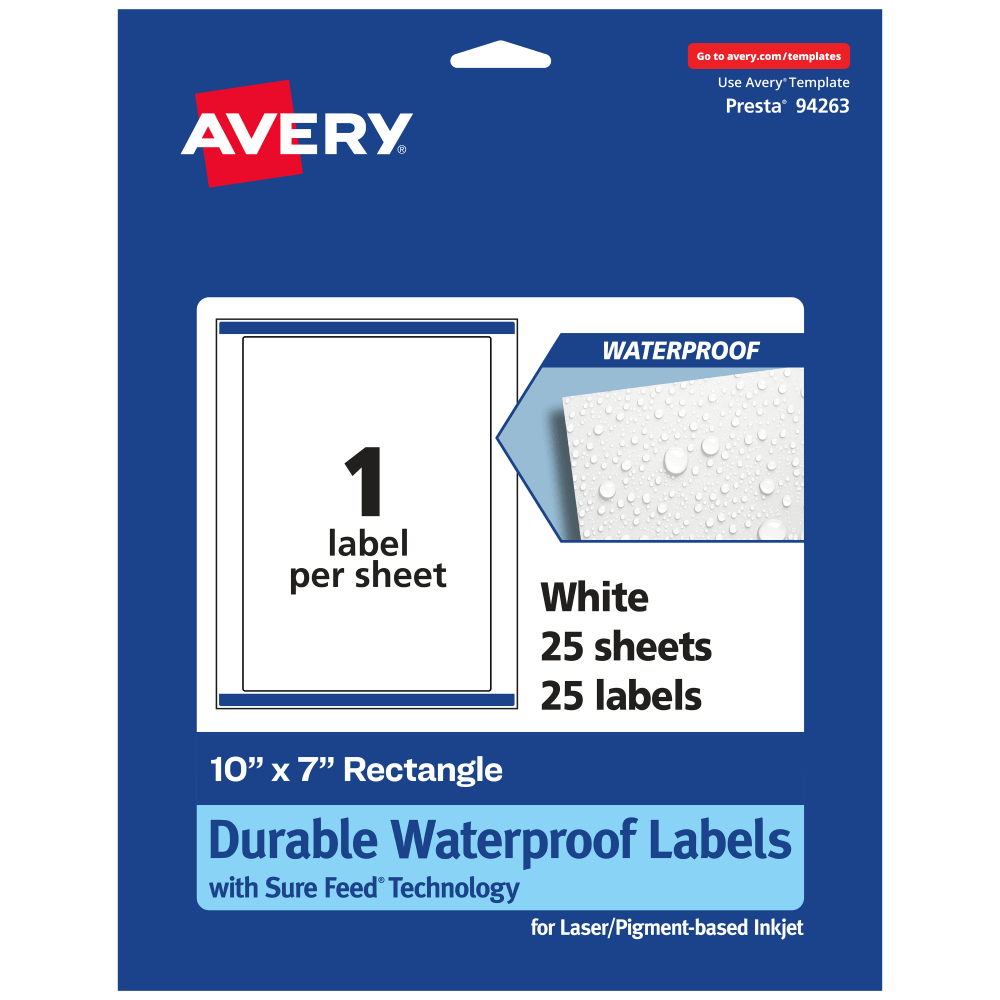 Avery Waterproof Permanent Labels With Sure Feed, 94263-WMF25, Rectangle, 10in x 7in, White, Pack Of 25