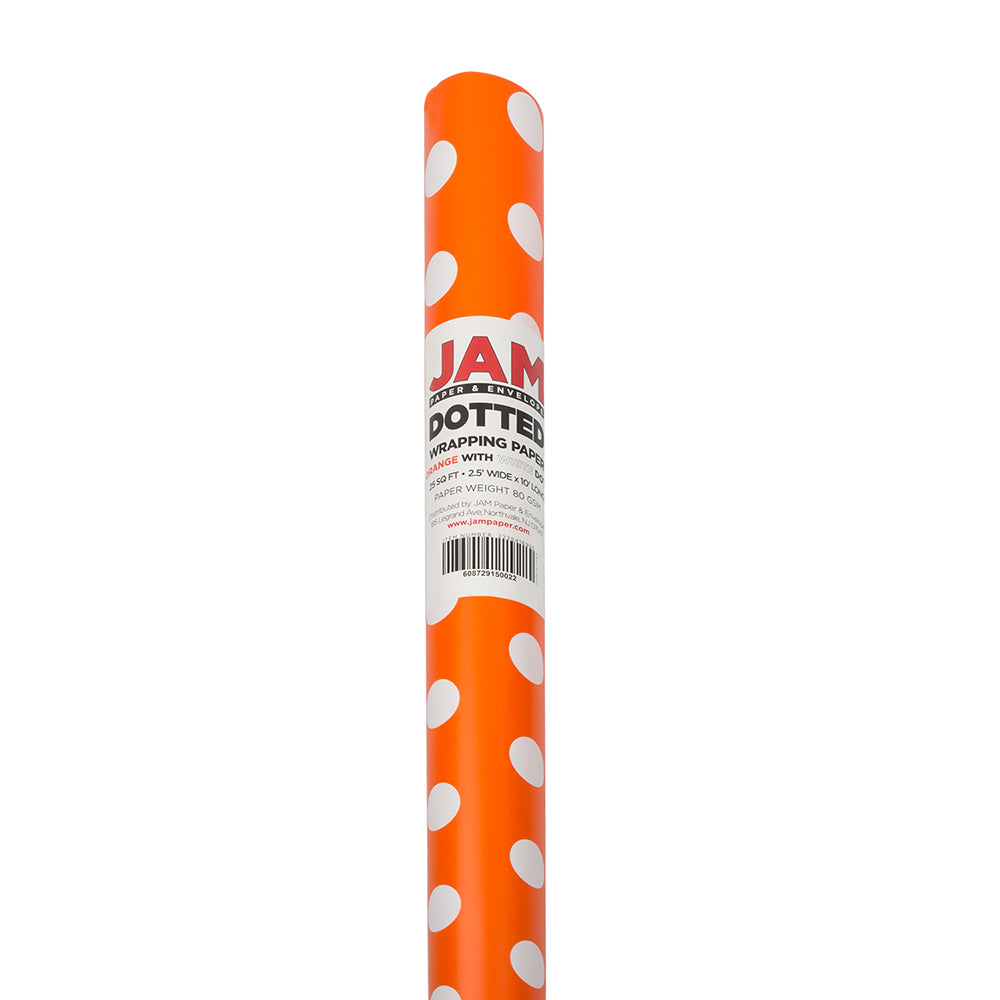 JAM Paper Wrapping Paper, Polka Dot, 25 Sq Ft, Orange & White