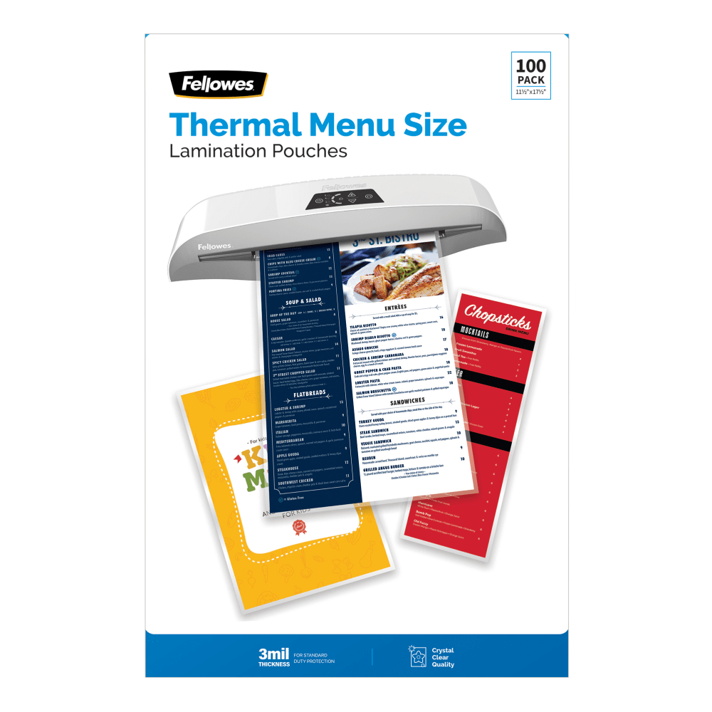 Fellowes Thermal Laminating Pouches, Menu Size, 3 Mil, 11-1/2in x 17-1/2in, Ultra-Clear, Pack Of 100 Pouches