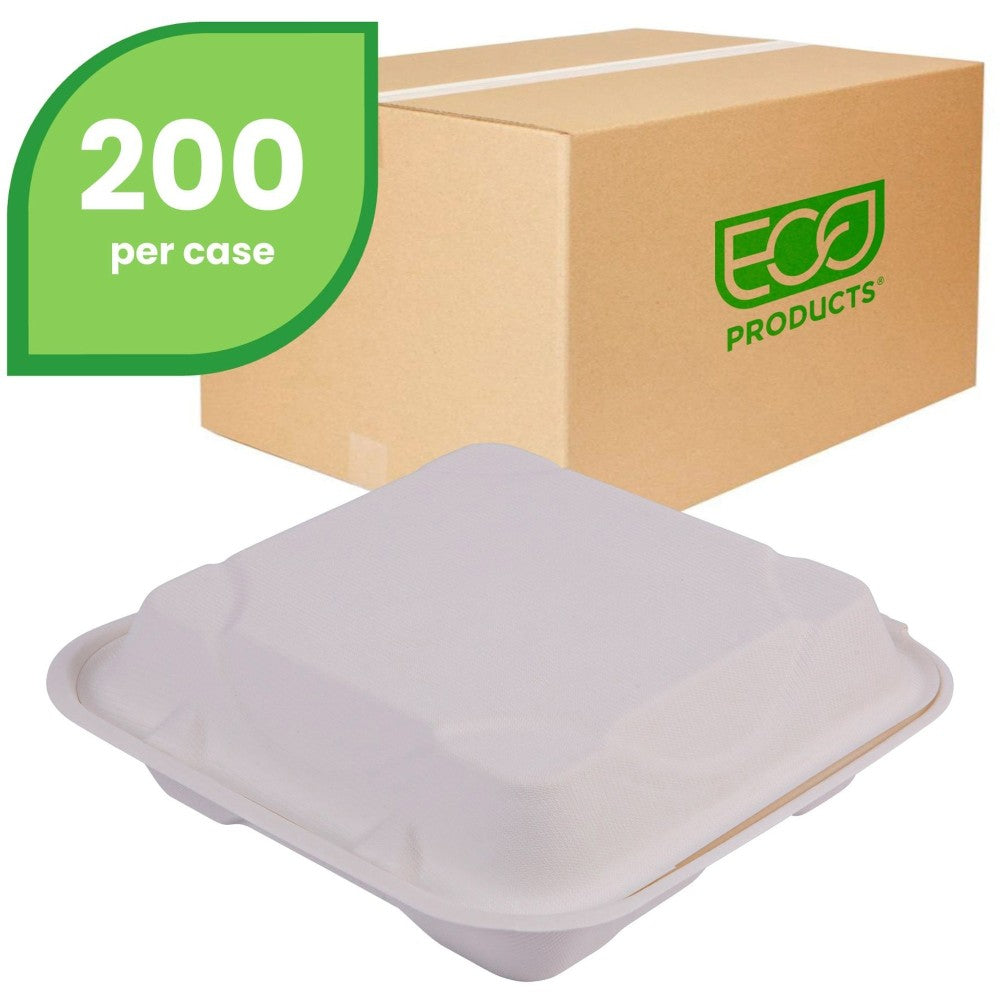 Eco-Products Vanguard Renewable & Compostable Sugarcane Clamshells, 3-Compartment, 9in x 9in x 3in, White, Case Of 200 Clamshells