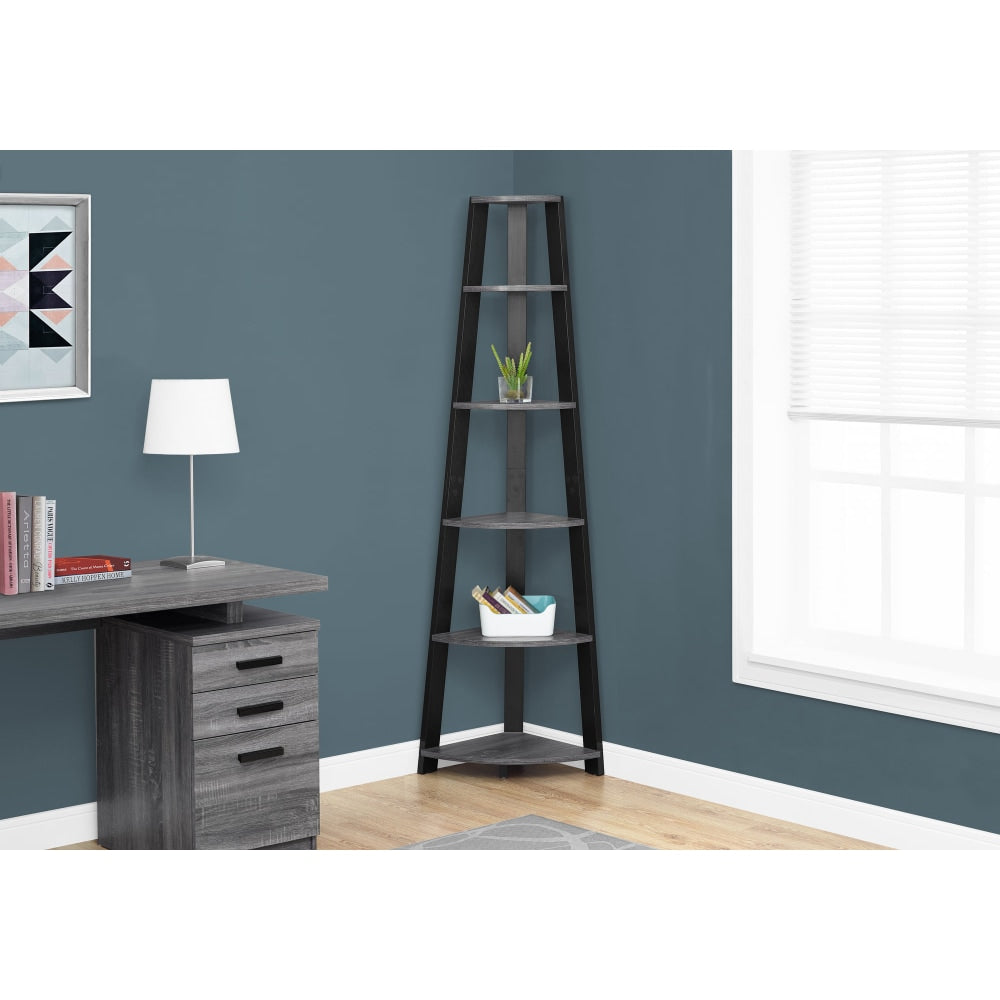 Monarch Specialties 71inH 5-Shelf Corner Bookcase, Black/Gray