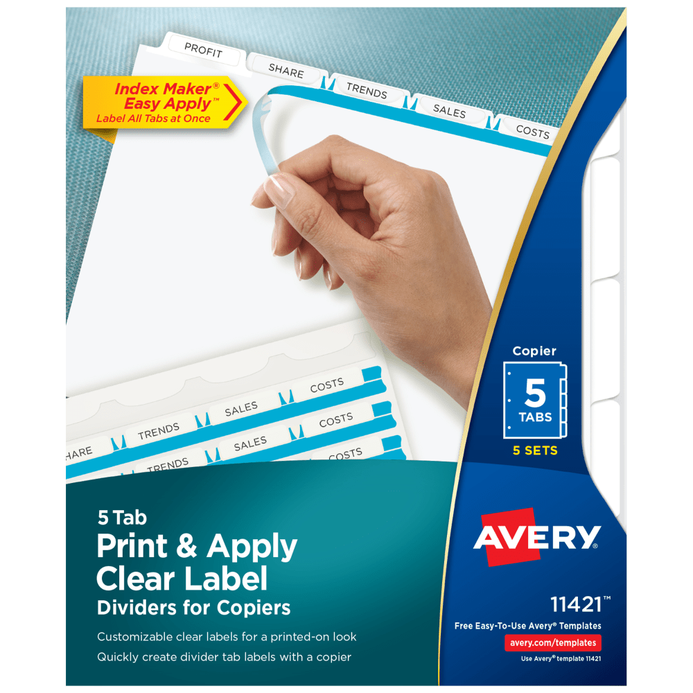 Avery Customizable Index Maker Dividers For 3 Ring Binder, Easy Print & Apply Clear Label Strip, 5 Tab, White, Pack Of 5 Sets