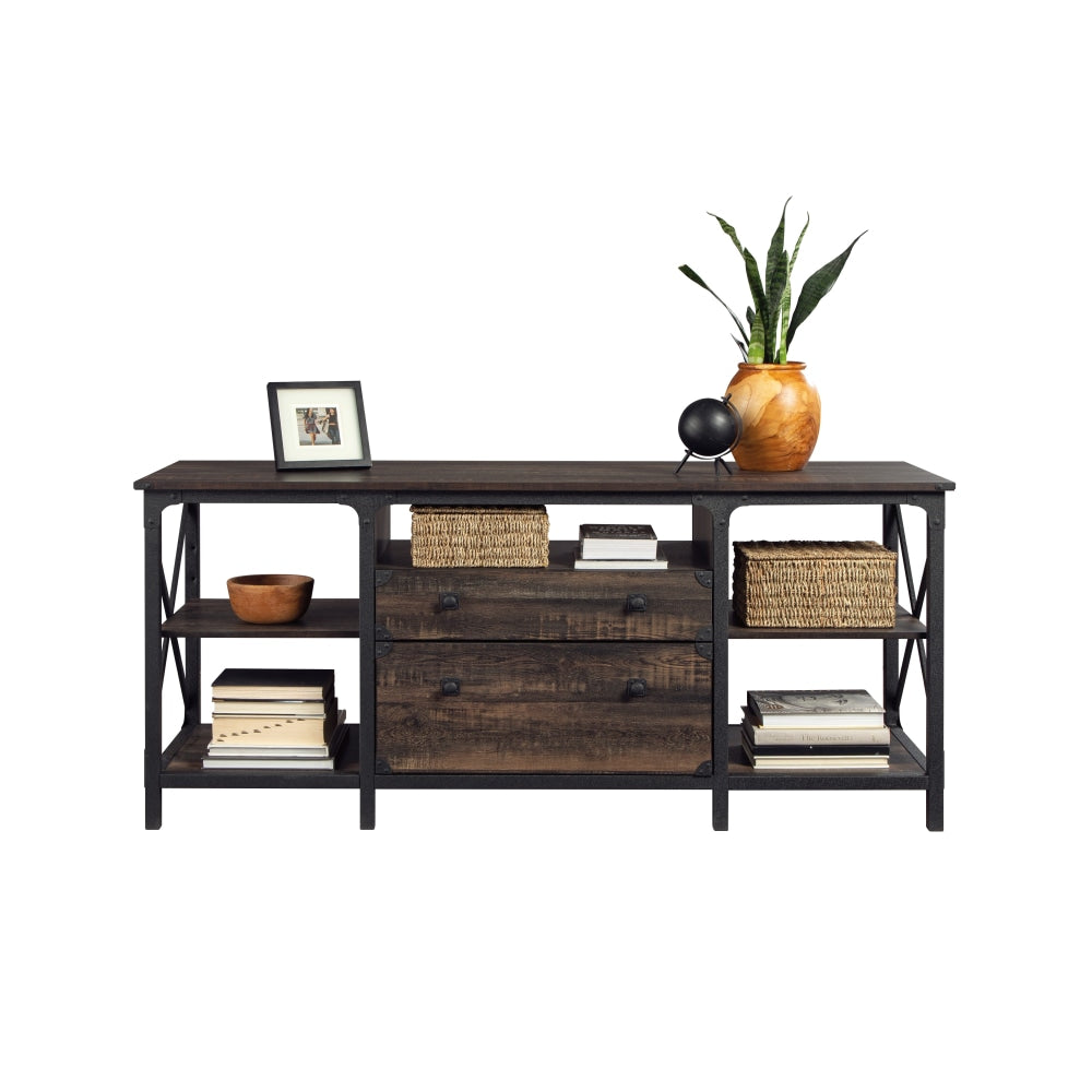 Sauder Steel River 67inW Computer Desk Credenza With Lateral File Drawer, Carbon Oak