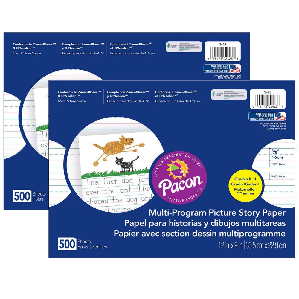 Pacon Multi-Program Picture Story Paper, 5/8in Ruled, 12in x 9in, White, 500 Sheets Per Pack, Set Of 2 Packs