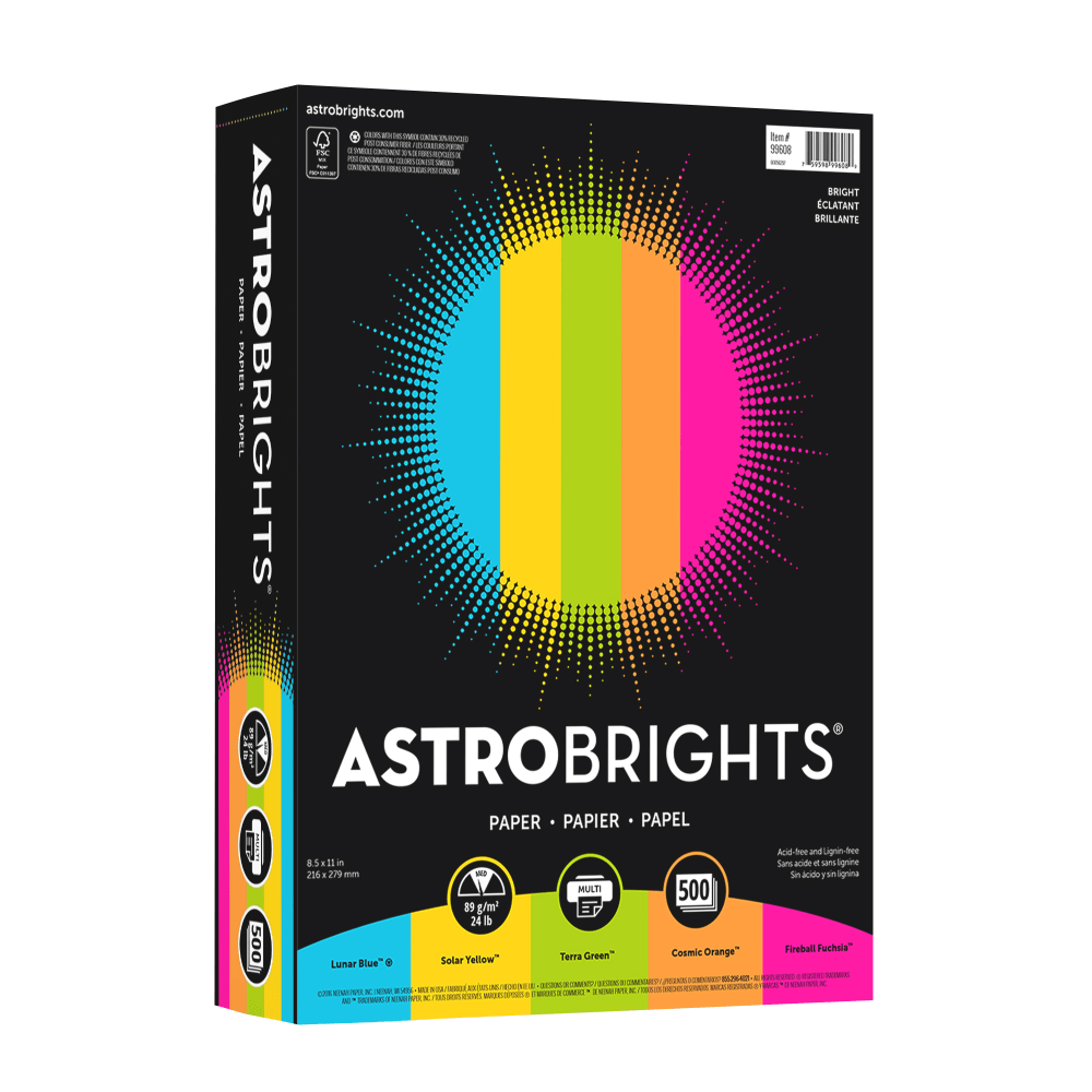 Neenah Astrobrights Bright Color Copy Paper, Bright Assortment, Letter (8.5in x 11in), 500 Sheets Per Ream, 24 Lb, 94 Brightness