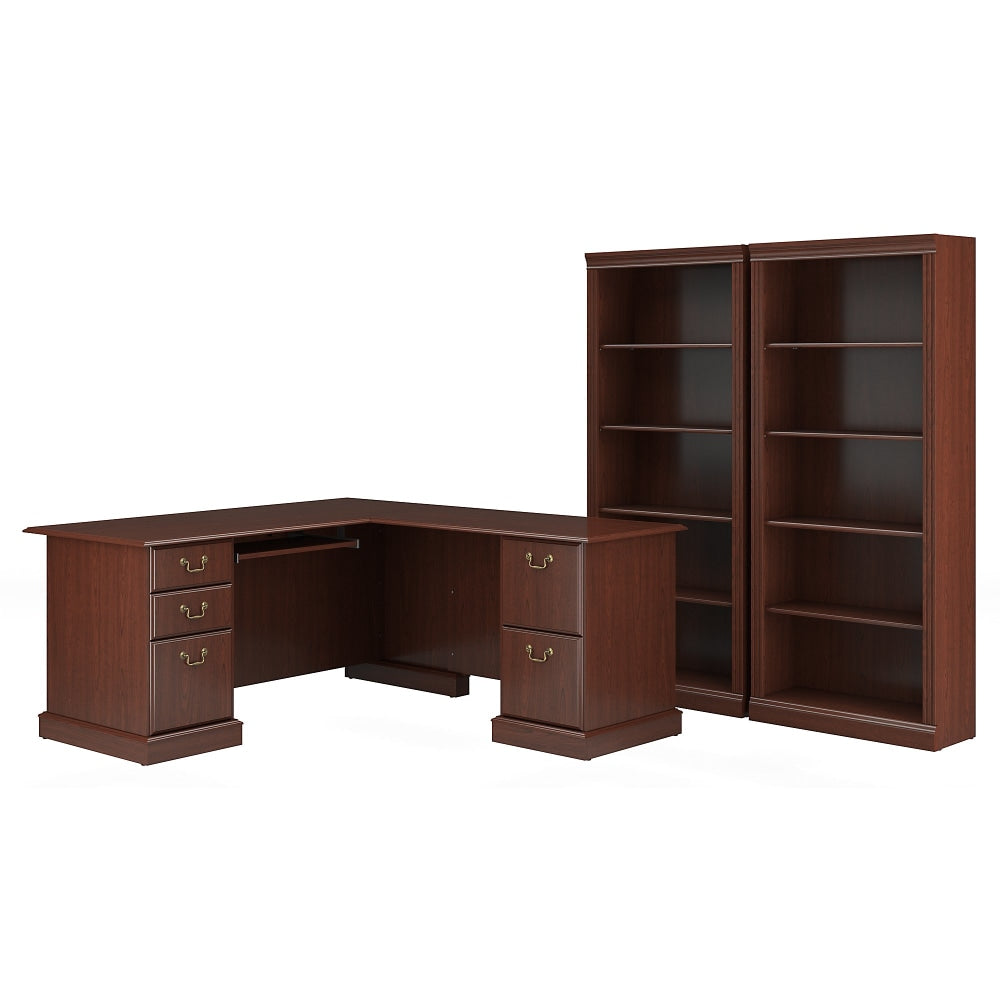 Bush Business Furniture Saratoga 66inW L-Shaped Corner Desk And Two 5-Shelf Bookcases, Harvest Cherry, Standard Delivery