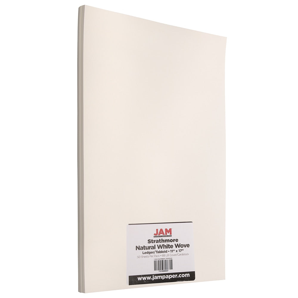 JAM Paper Card Stock, Strathmore Natural White Wove, Ledger (11in x 17in), 88 Lb, Pack Of 50