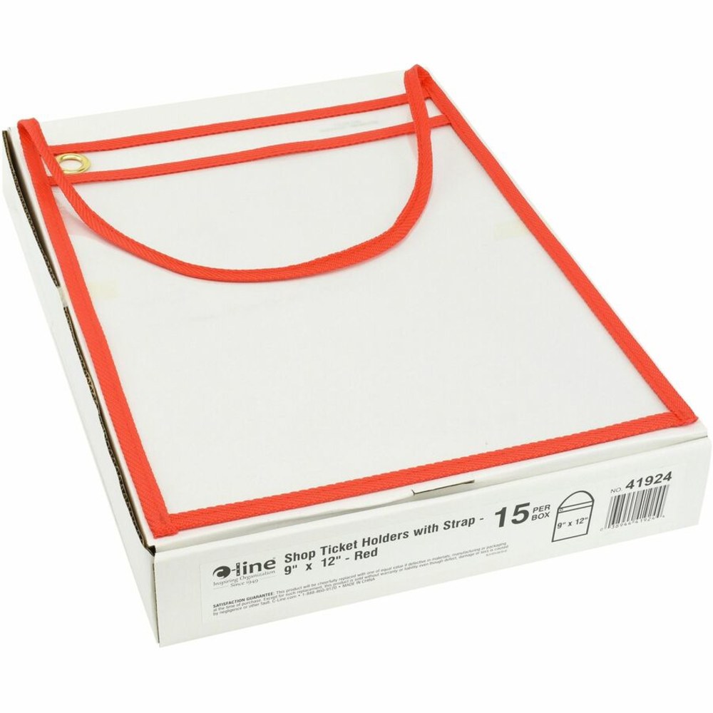 C-Line Hanging Strap Shop Ticket Holder - Support 9in x 12in Media - 15 / Box - Red, Clear