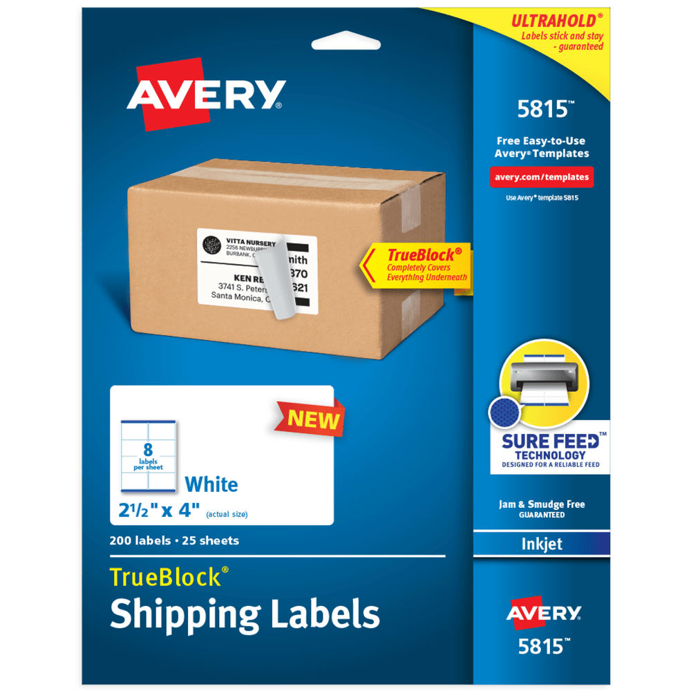 Avery Shipping Labels With TrueBlock Technology, 5815, 4inW x 2-1/2inD, White, Pack Of 200 Labels