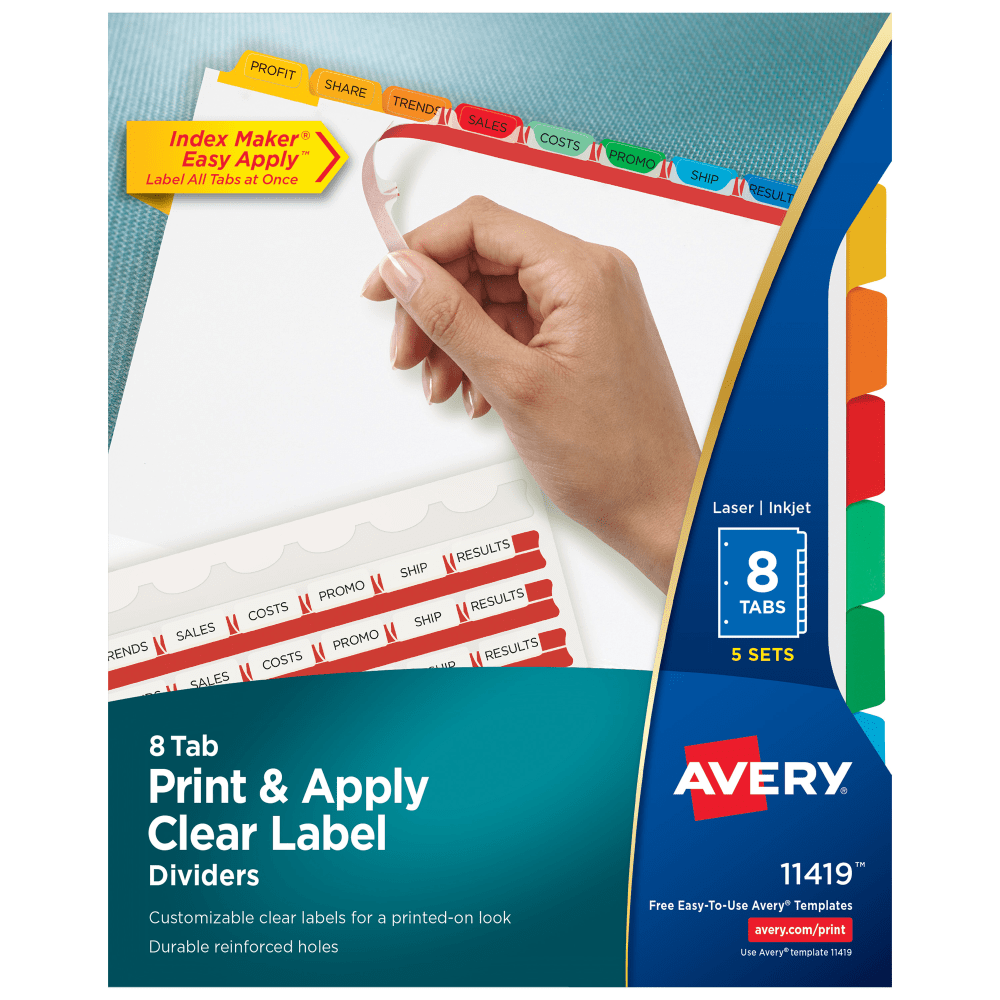 Avery Customizable Index Maker Dividers For 3 Ring Binder, Easy Print & Apply Clear Label Strip, 8 Tab, Multicolor, Pack Of 5 Sets