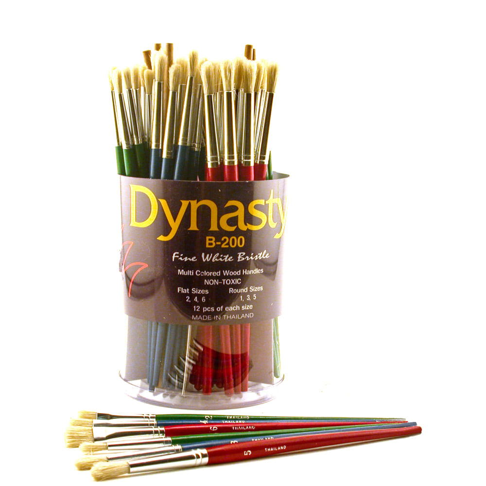 Dynasty Fine White Bristle Paint Brushes B-200, Assorted Sizes, Assorted Bristles, Multicolored, Pack Of 72