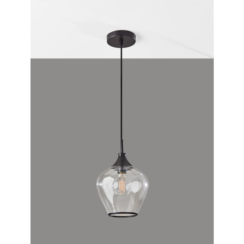 Adesso Bradford Pendant Lamp, 12-3/4inH x 9inW, Clear Shade/Dark Bronze Base