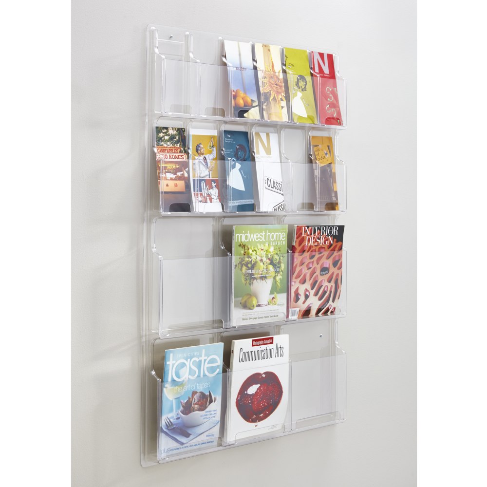 Clear Literature Rack, Combination, 6 Magazine Pockets, 12 Pamphlet Pockets