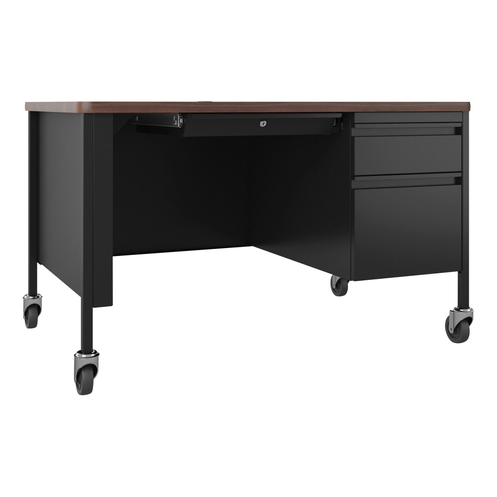 Lorell Fortress 48inW Steel Right-Pedestal Mobile Teachers Computer Desk, Black/Walnut