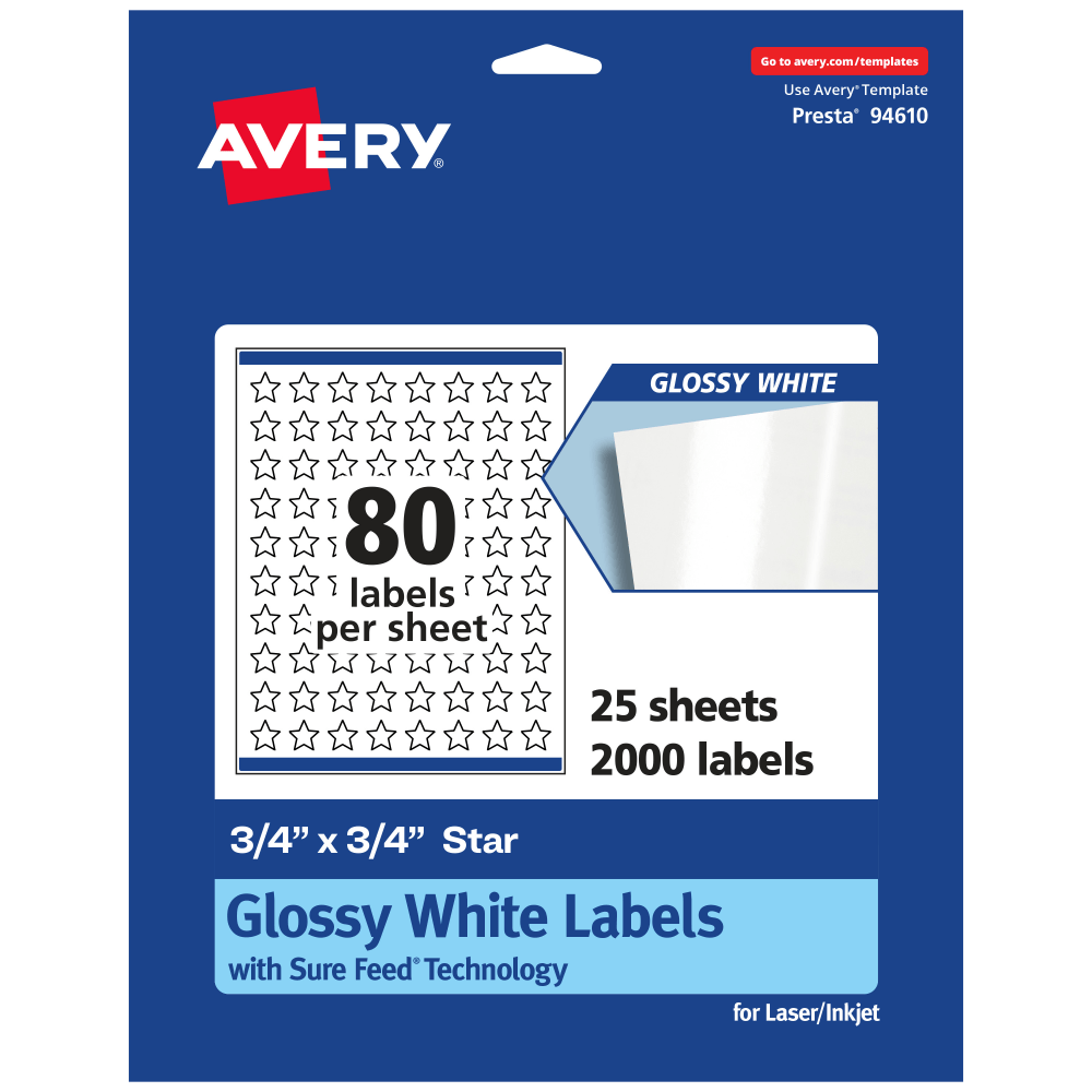 Avery Glossy Permanent Labels With Sure Feed, 94610-WGP25, Star, 3/4in x 3/4in, White, Pack Of 2,000