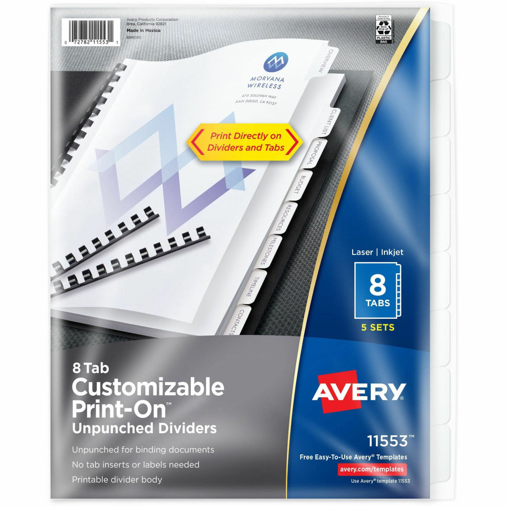 Avery Print-On Dividers, 8 1/2in x 11in, Unpunched, 8-Tab, White Dividers/White Tabs, Pack Of 5 Sets