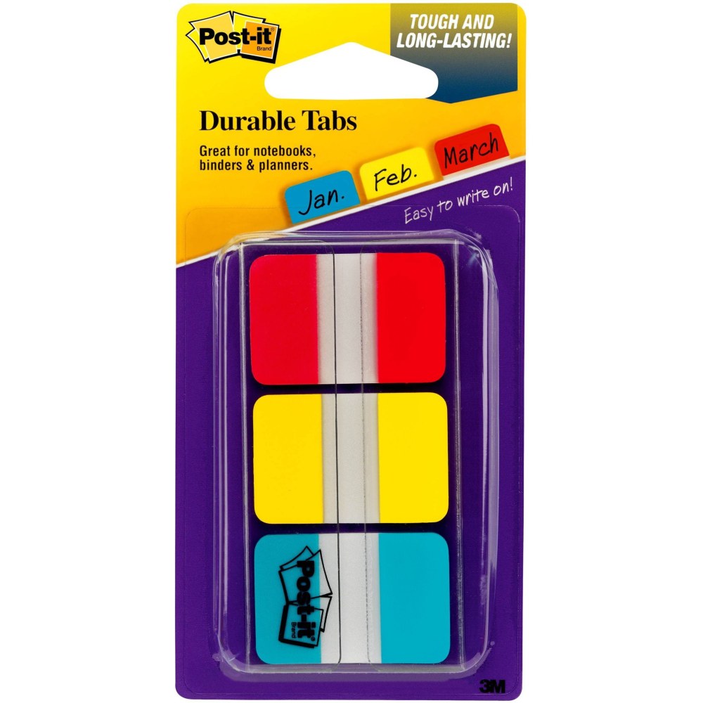 Post-it Durable Tabs - 36 Write-on Tab(s) - 1.50in Tab Height x 1in Tab Width - Red, Yellow, Blue Tab(s) - Wear Resistant, Tear Resistant, Repositionable - 1 / Pack