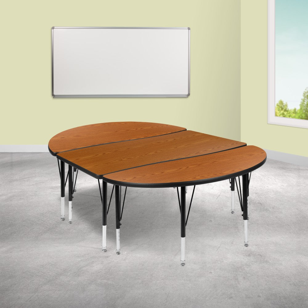 Flash Furniture Oval Wave Flexible Thermal Laminate 3-Piece Activity Table Set With Height-Adjustable Short Legs, 25-1/4inH x 47-1/2inW x 76inD, Oak