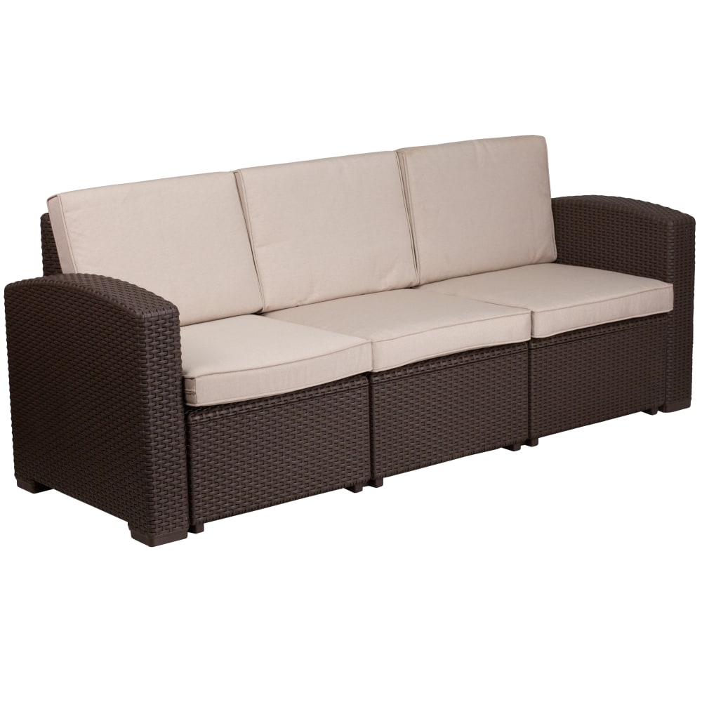 Flash Furniture Faux Rattan Outdoor Sofa With Curved Arms And All-Weather Cushions, Chocolate Brown