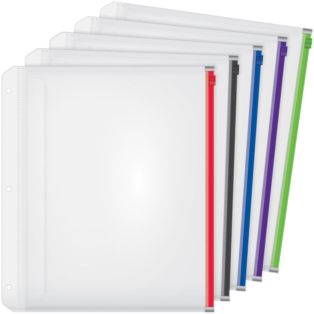 Cardinal Zipper Binder Pockets - 0.50in Maximum Capacity - 100 x Sheet Capacity - For Letter 8 1/2in x 11in Sheet - 3 x Holes - Ring Binder - Rectangular - Blue, Black, Red, Purple, Green - Poly - 5 / Pack