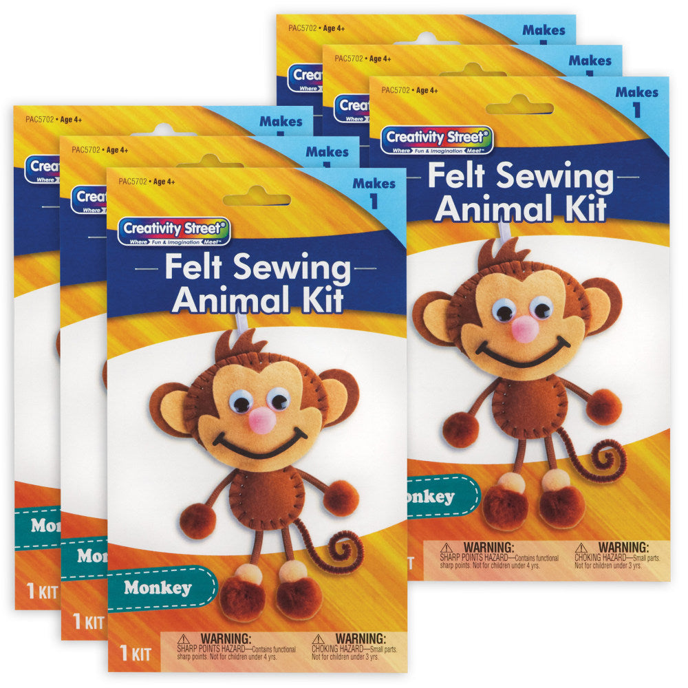 Creativity Street Felt Sewing Animal Kits, 10-1/2in x 6-1/2in x 1in, Monkey, Set Of 6 Kits