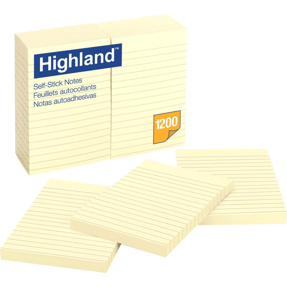 Highland Self-stick Lined Notes - 1200 - 4in x 6in - Rectangle - 100 Sheets per Pad - Ruled - Yellow - Paper - Self-adhesive - 12 Pad