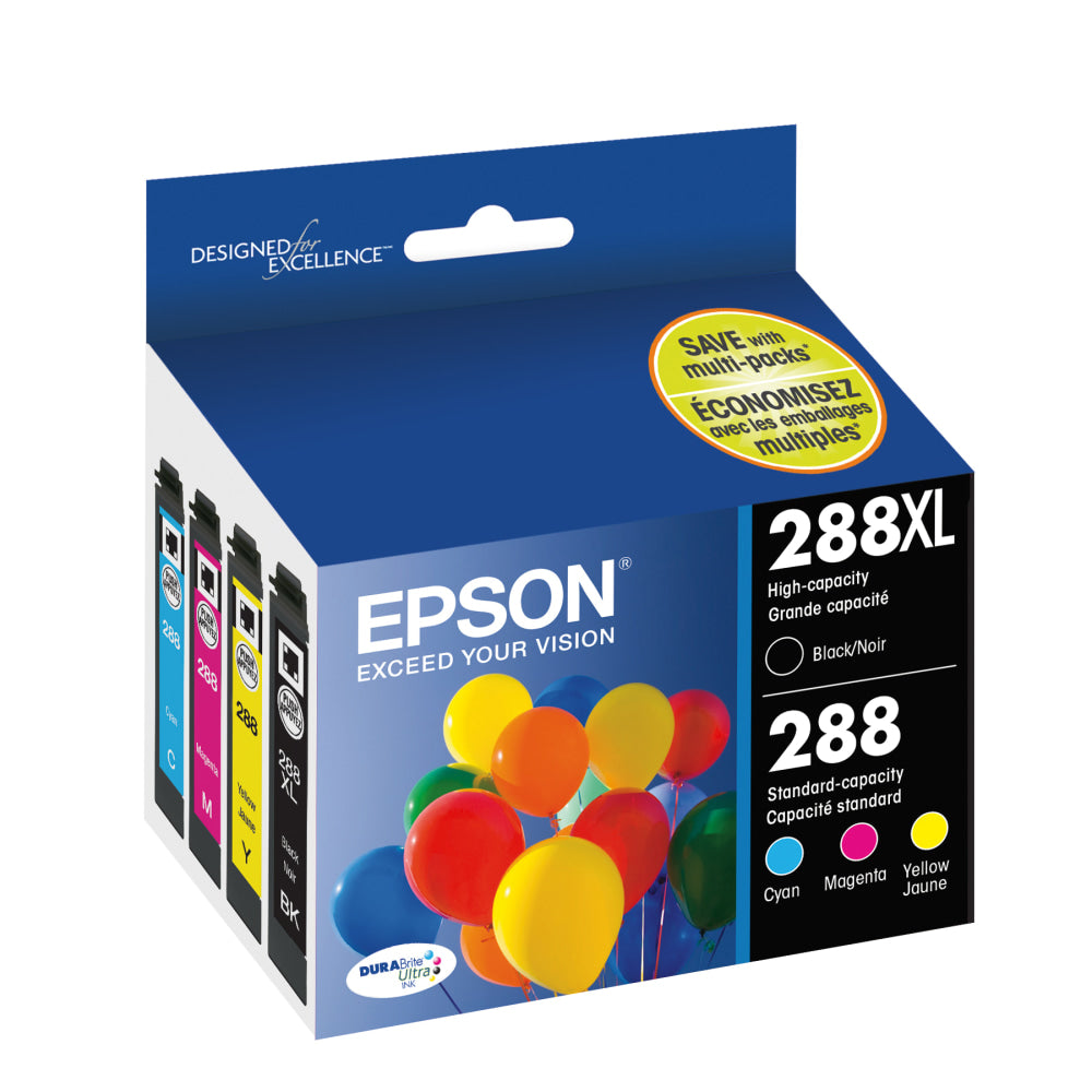 Epson 288XL Black/288 DuraBrite Cyan; Magenta; Yellow High-Yield/Standard Yield Ink Cartridges, Pack Of 4, T288XL-BCS