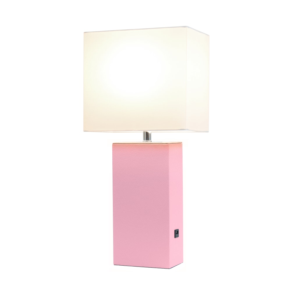 Elegant Designs Modern Leather/Fabric Desk Lamp With USB Port, 21inH, White Shade/Pink Base