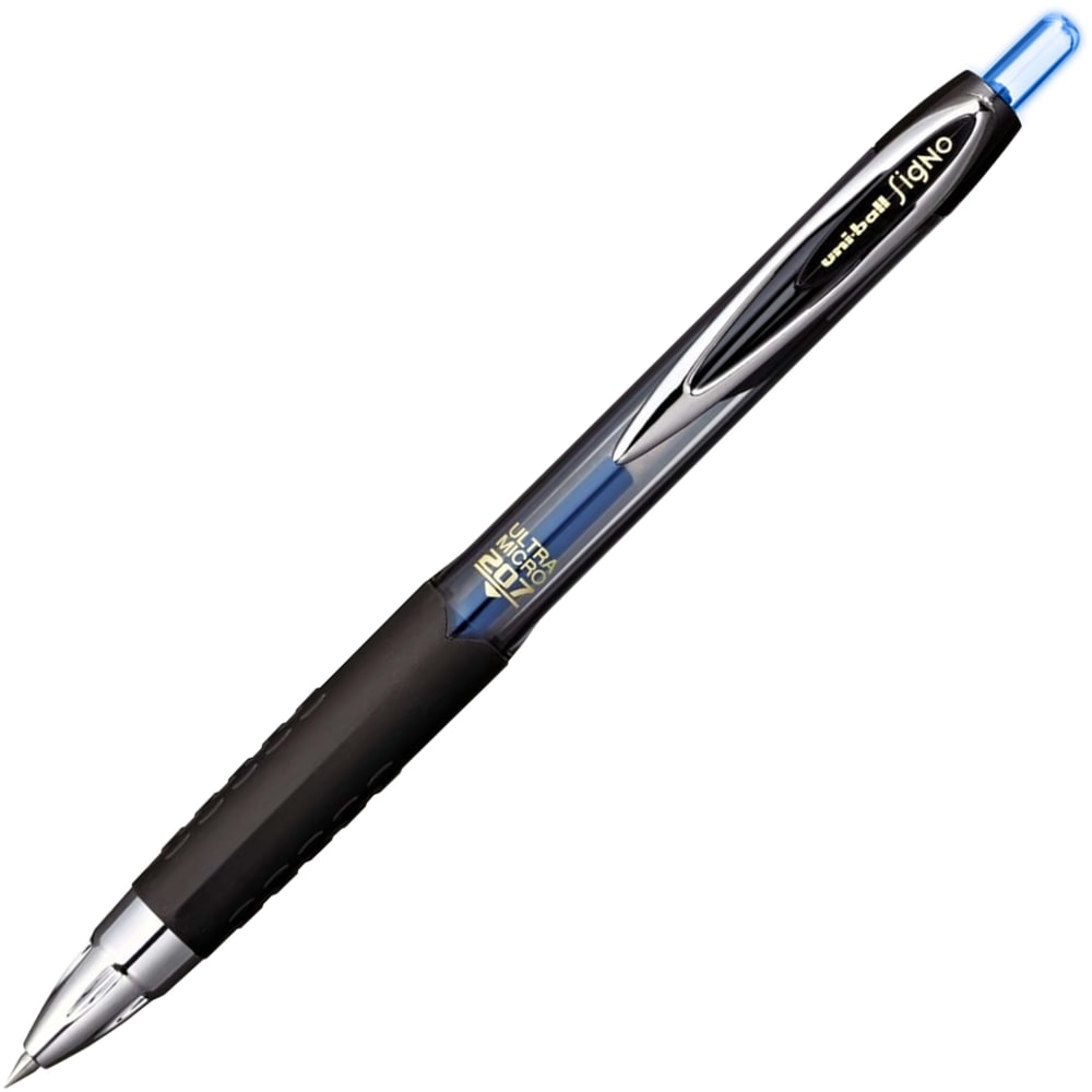 uni-ball 207 Retractable Fraud Prevention Gel Pens, Ultra Micro Point, 0.38 mm, Black Barrels, Blue Ink, Pack Of 12