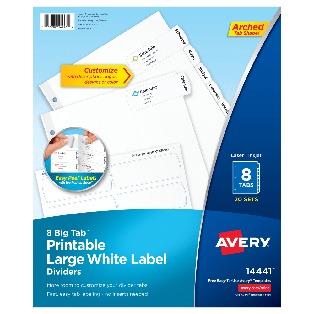 Avery Big Tab Printable Large Label Dividers, Easy Peel, White, 8-Tab, Pack Of 20 Sets