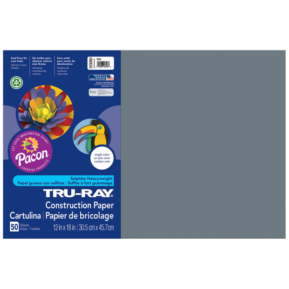 Tru-Ray Construction Paper, 12in x 18in, Slate, 50 Sheets Per Pack, Set Of 5 Packs