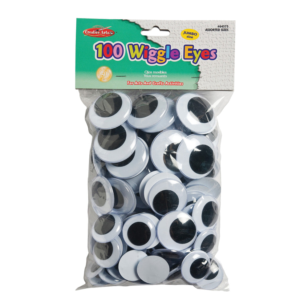 Charles Leonard Jumbo Round Wiggle Eyes, Black, Assorted Sizes, 100 Per Bag, Pack Of 2 Bags