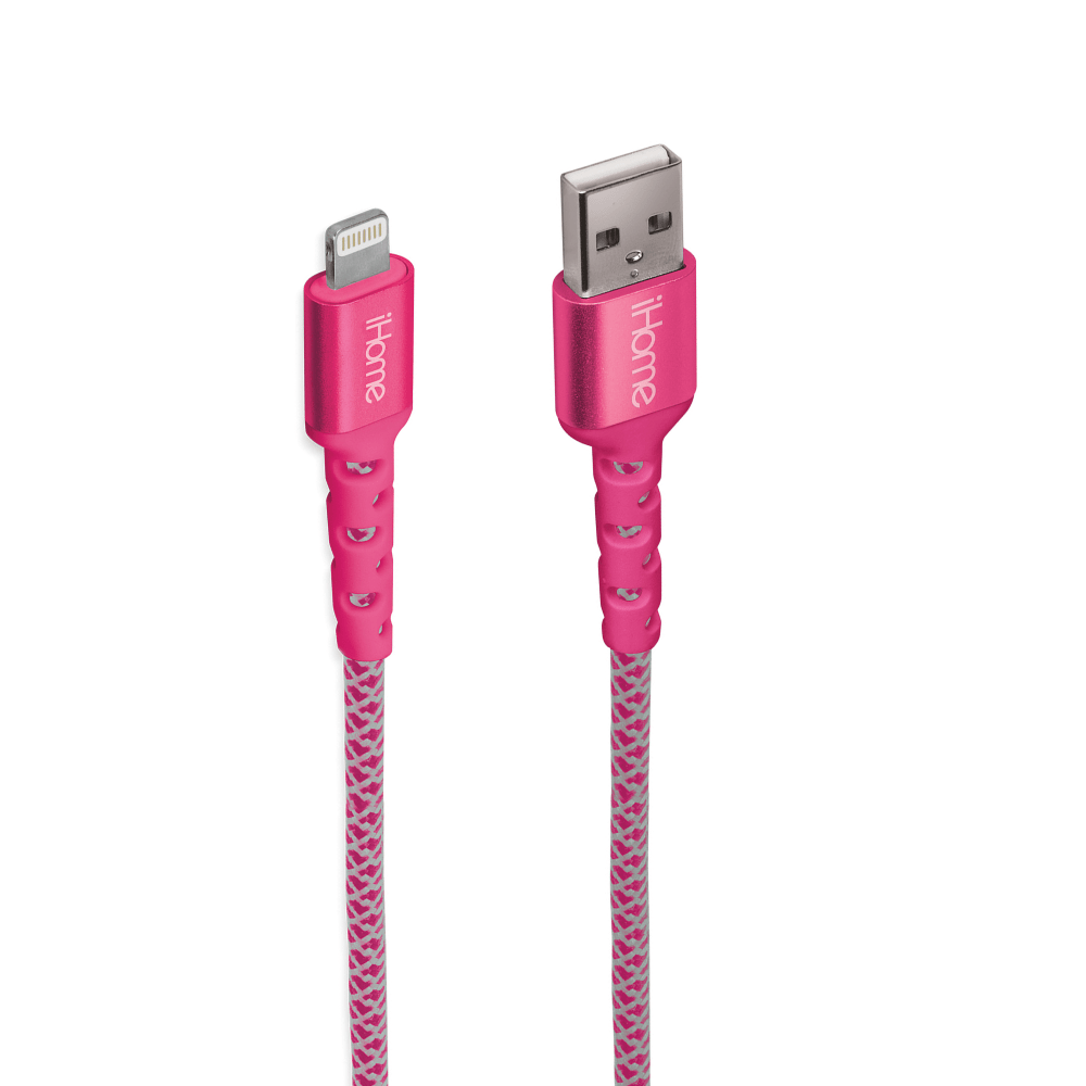 iHome Nylon Braided Lightning To USB-A Cable, 10ft, Pink