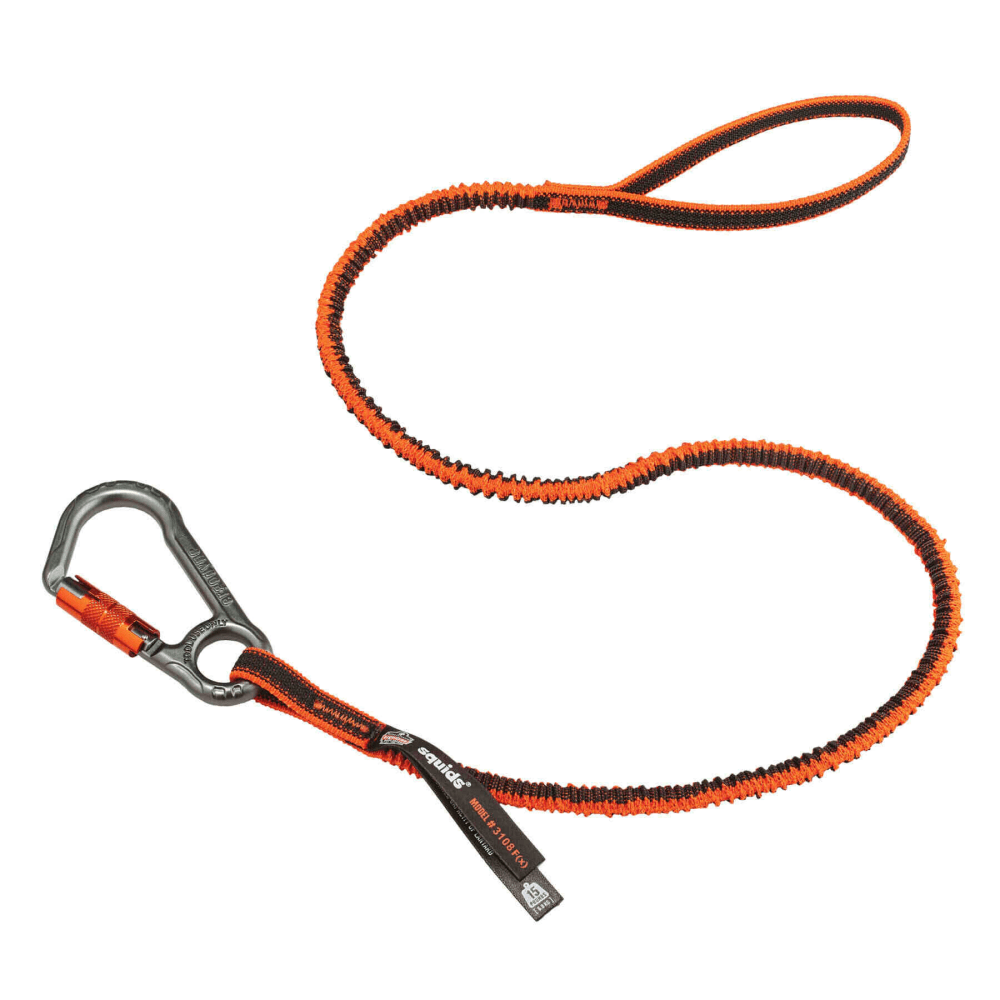 Ergodyne Squids 3108F(x) Single Locking Carabiner Tool Lanyards, 15 Lb, 48in, Orange/Gray, Pack Of 6 Lanyards