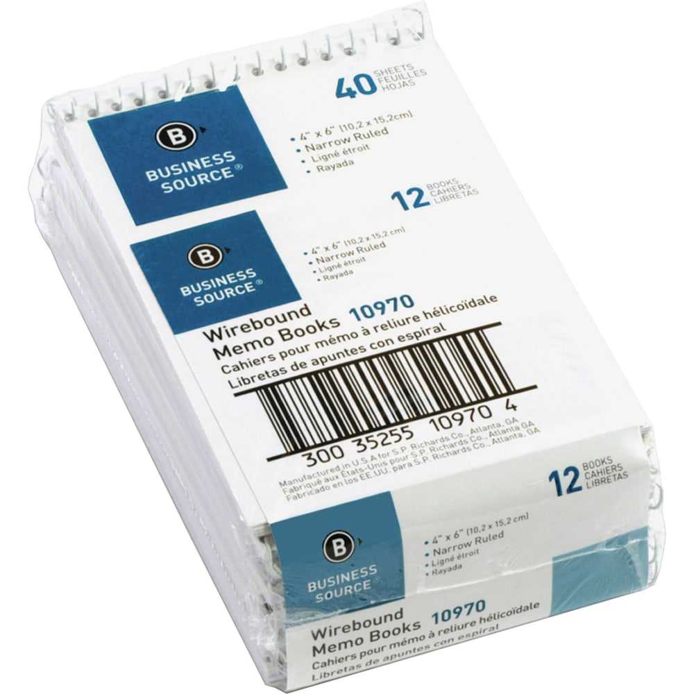 Business Source Wirebound Memo Books - 40 Sheet(s) - Wire Bound - 4in x 6in Sheet Size - White - White Sheet(s) - 1 Dozen