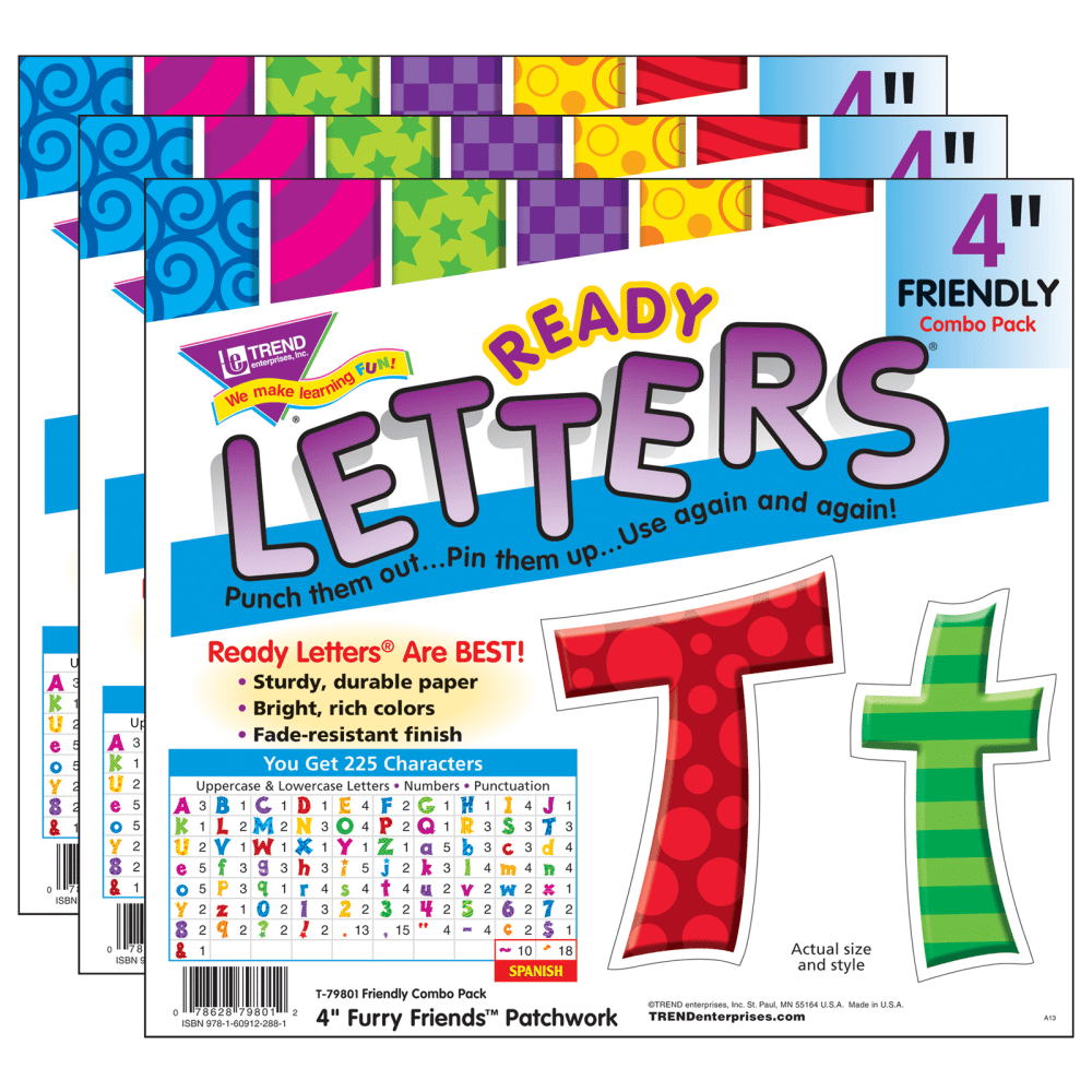 TREND Ready Letters, 4in, Friendly Combo, Patchwork Furry Friends, Set Of 3 Packs