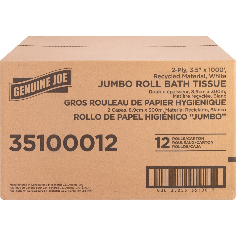 Genuine Joe Jumbo Jr Dispenser Bath Tissue Roll - 2 Ply - 3.50in x 1000 ft - 8.88in Roll Diameter - White - Fiber - 12 / Carton