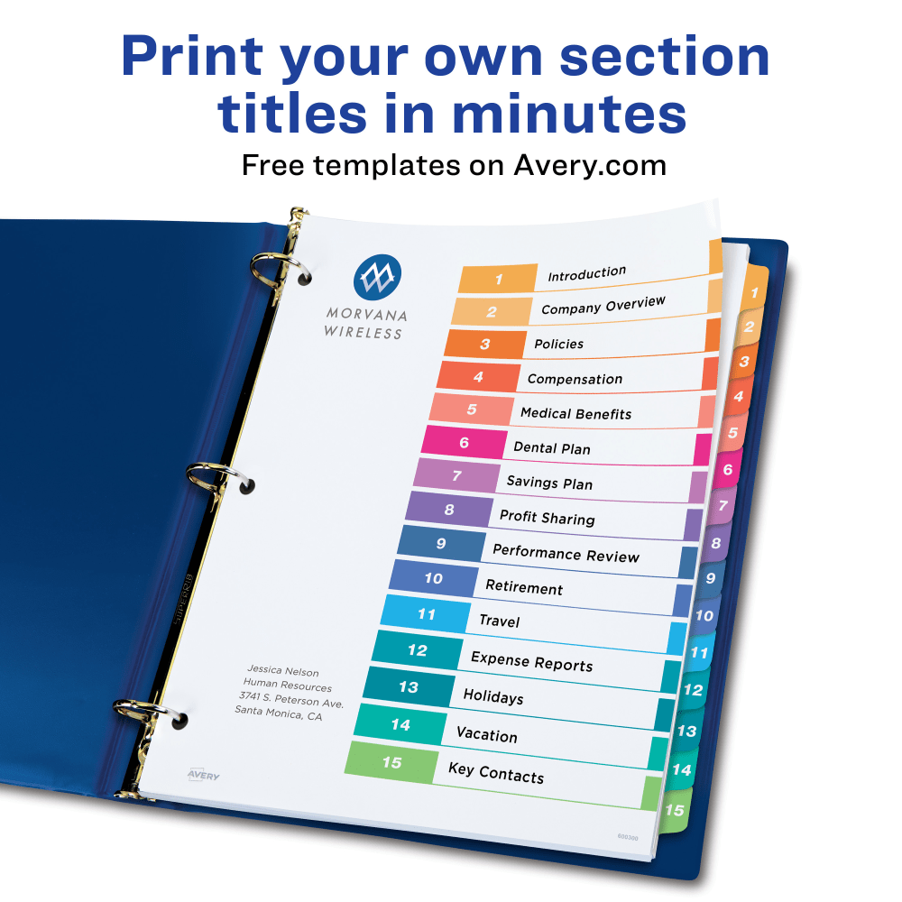 Avery Ready Index 1-15 Tab Binder Dividers With Customizable Table Of Contents, 8-1/2in x 11in, 15 Tab, White/Multicolor, 1 Set