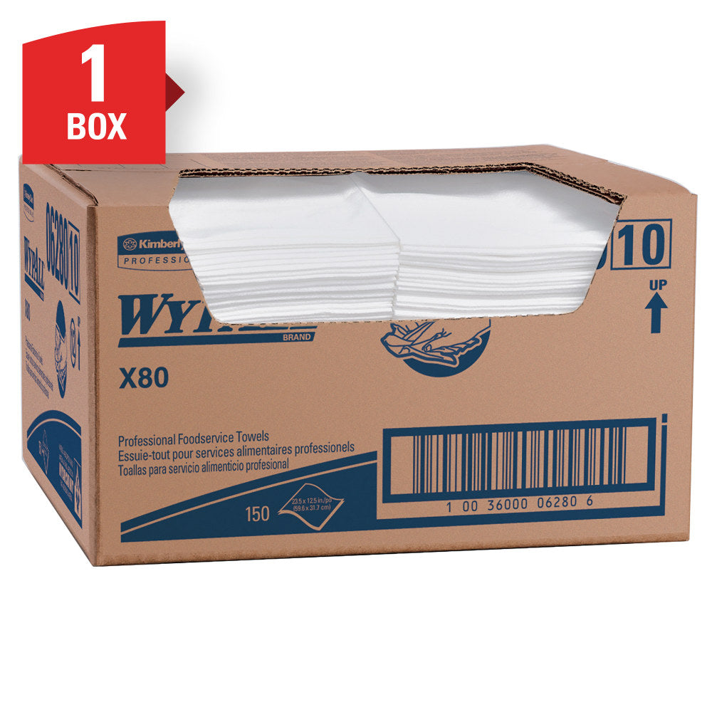 Wypall X80 Extended Use Foodservice Towels With Antimicrobial Protection, 12in x 23 7/16in, White, Box Of 150