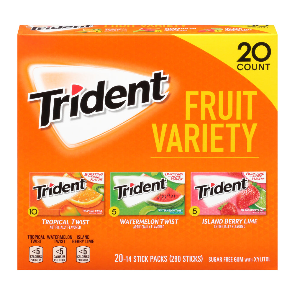 Trident Sugar-Free Gum, Fruit, 14 Pieces Per Pack, Case Of 20 Packs