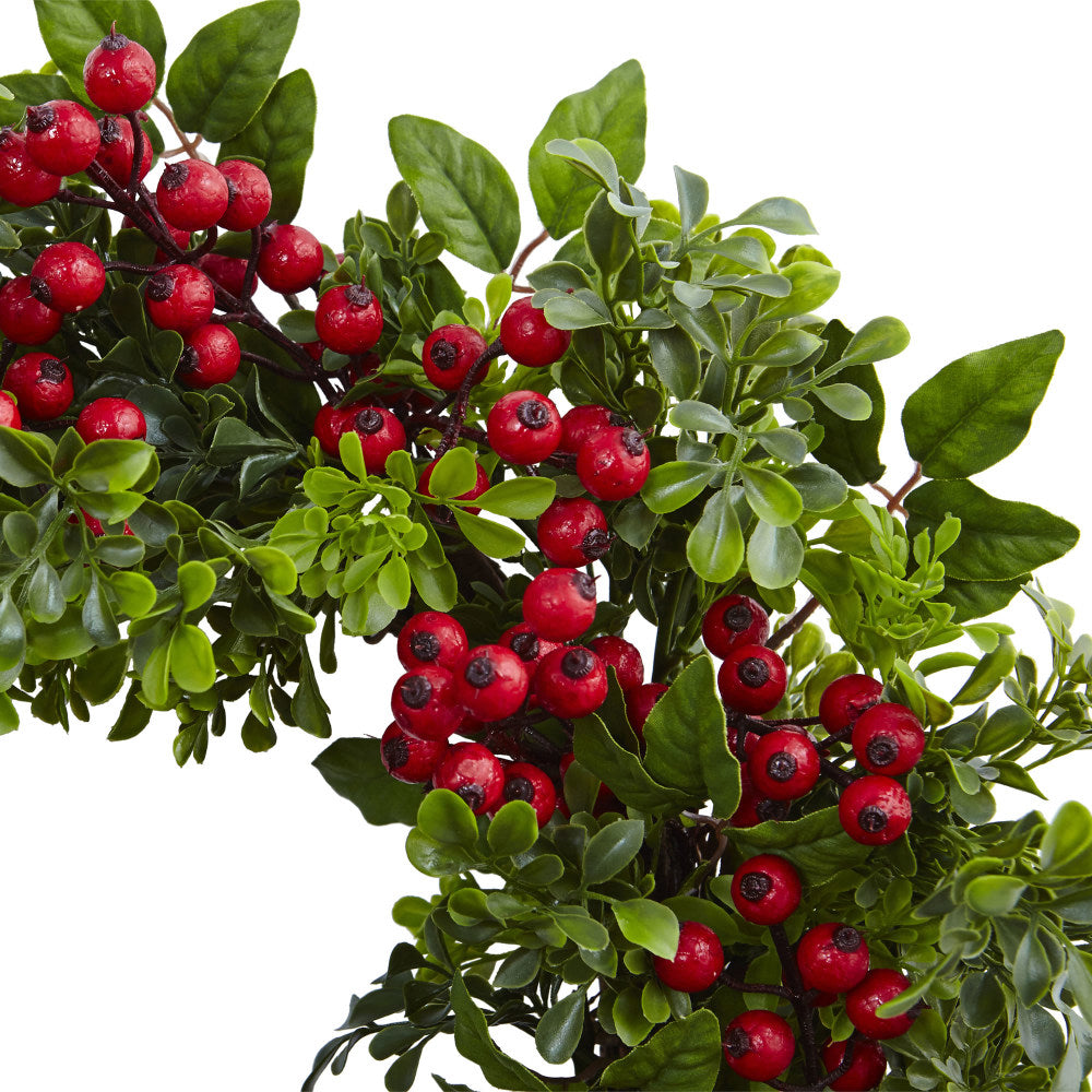 Nearly Natural Berry Boxwood Wreath, 24in x 3in, Red