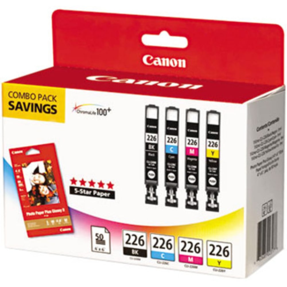 Canon CLI-226 ChromaLife 100+ Black And Cyan, Magenta, Yellow Ink Tanks And 50 Sheets Of Paper, Pack Of 4, 4546B007