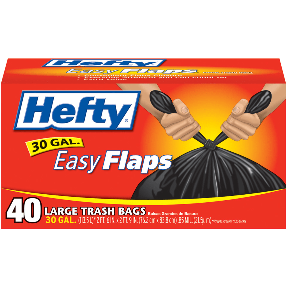 Hefty EasyFLAPS Trash Bags, Black, 30 Gallons, Box Of 40