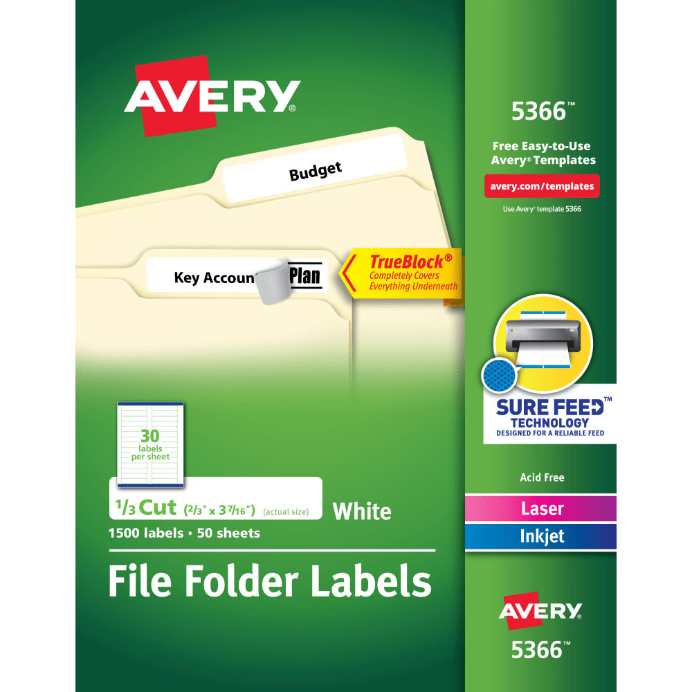 Avery TrueBlock File Folder Labels With Sure Feed Technology, 5366, Rectangle, 2/3in x 3-7/16in, White, Pack Of 1,500