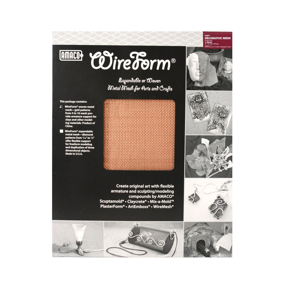 Amaco WireForm Metal Mesh, Copper, Woven Decorative Mesh, 8 Mesh, 16in x 20in Sheets, Pack Of 2