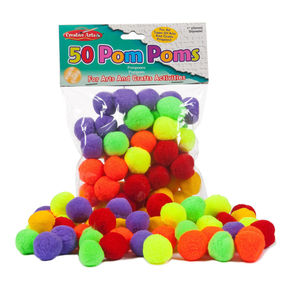 Charles Leonard Pom-Poms, Assorted Hot Colors, 50 Pom-Poms Per Pack, Set Of 12 Packs